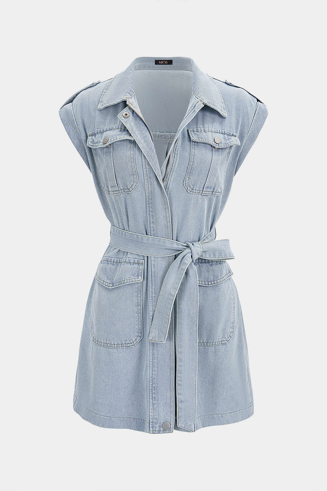 Denim minijurk met revers en riem