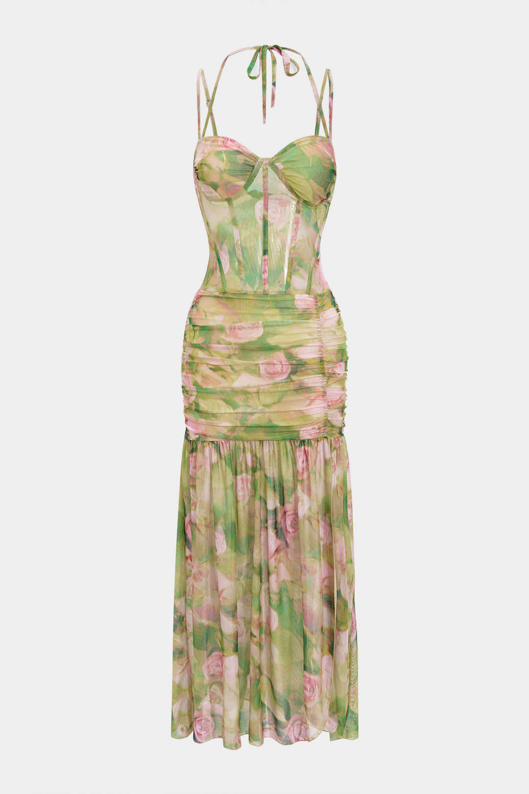 Bloemenprint mouwloze midijurk met strik en spaghettibandjes
