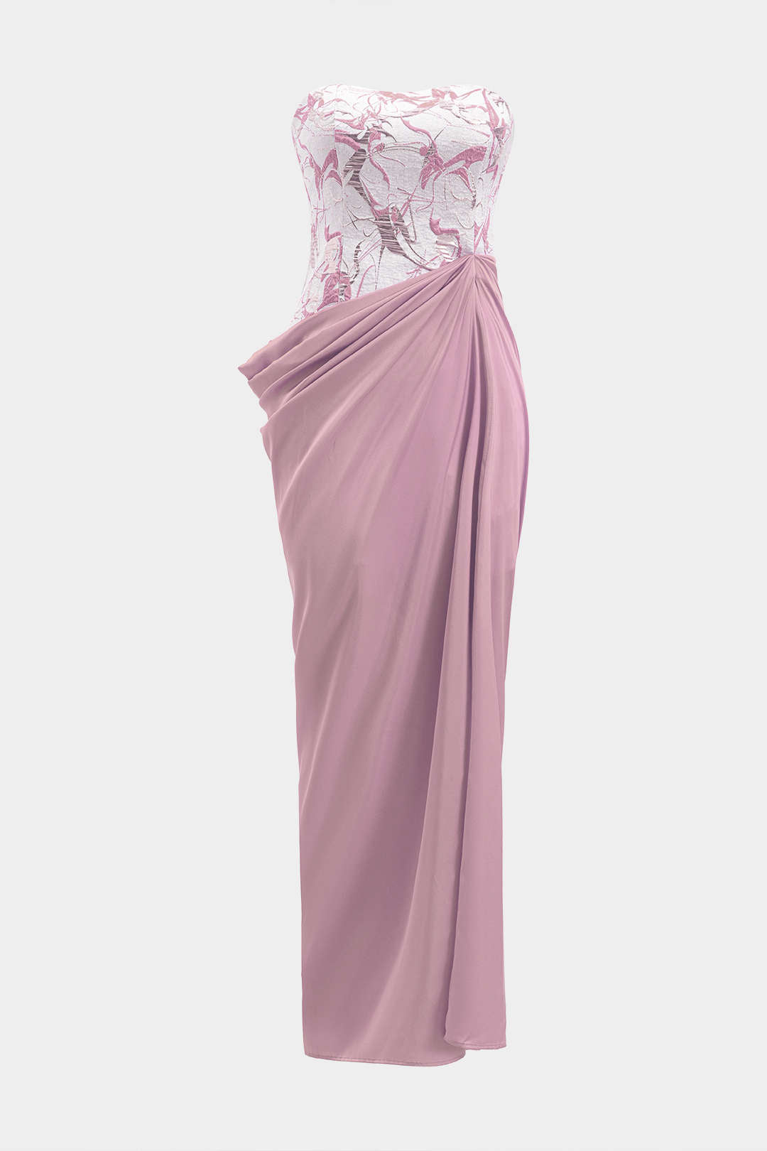 Satijnen jacquard maxijurk met ruches en strapless pasvorm