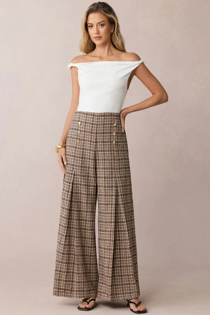 Checked, double-sided high-waisted trousers