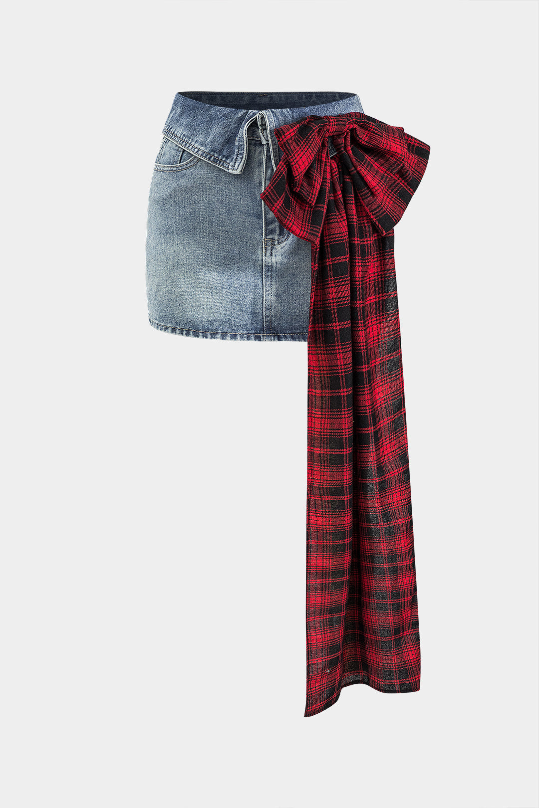 Denim patchwork rok met strik