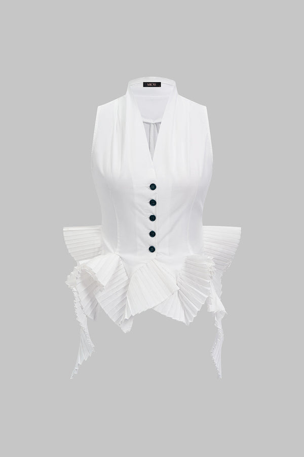 Geplooide tanktop met V-hals, knoopjes en ruches