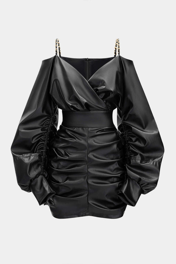 Gwen - Leren-look metallic minijurk met kettingdetail en ruches