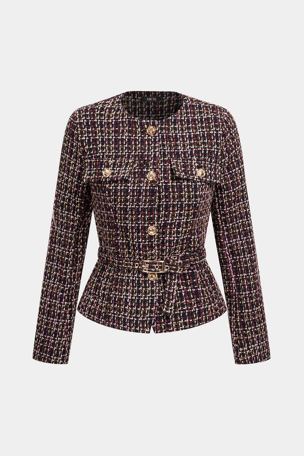 Tweed jasje met riem en ronde hals