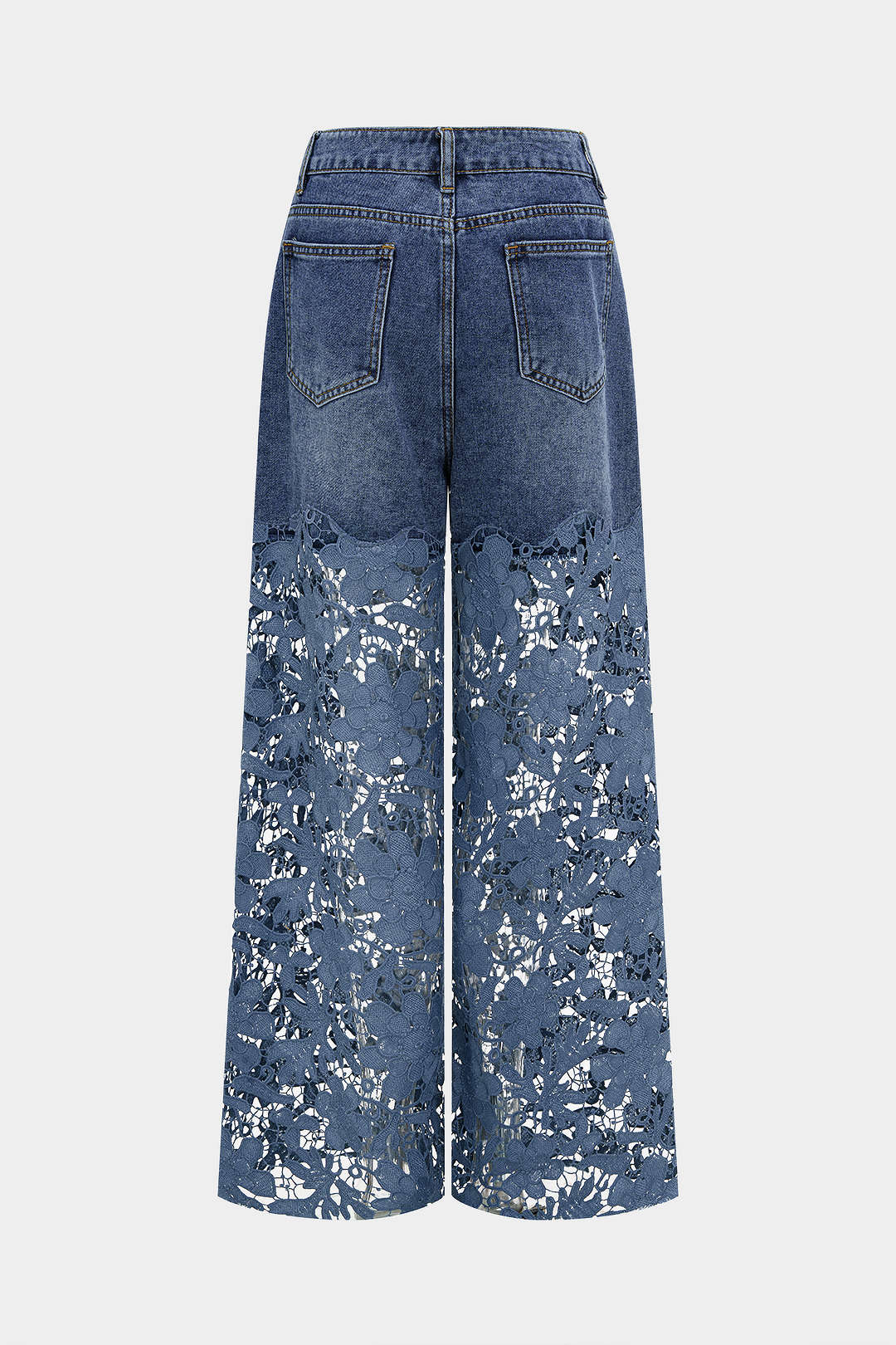 Patchwork jeans met kant, uitsnijding en wijde pijpen