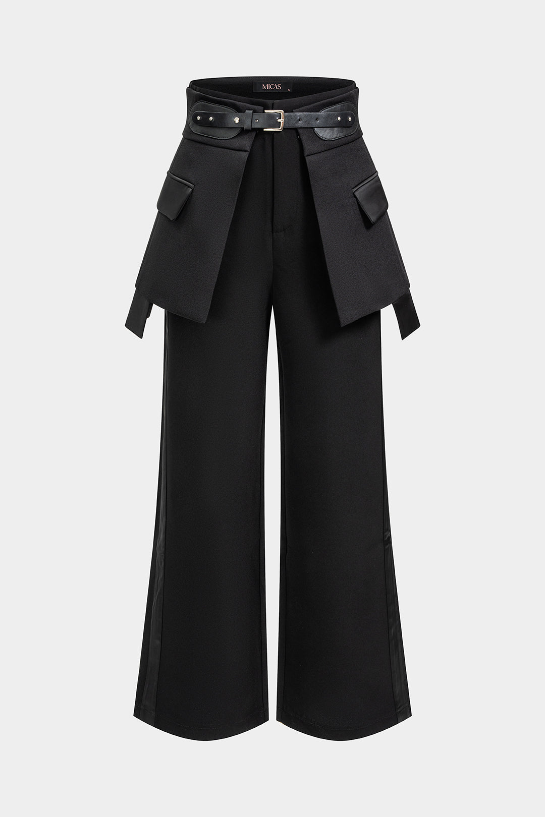 Leren-look broek met riem en wijde pijpen