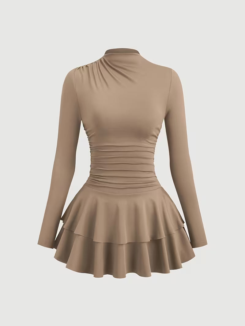 Elegant Pleated Halter Dress with Long Sleeves