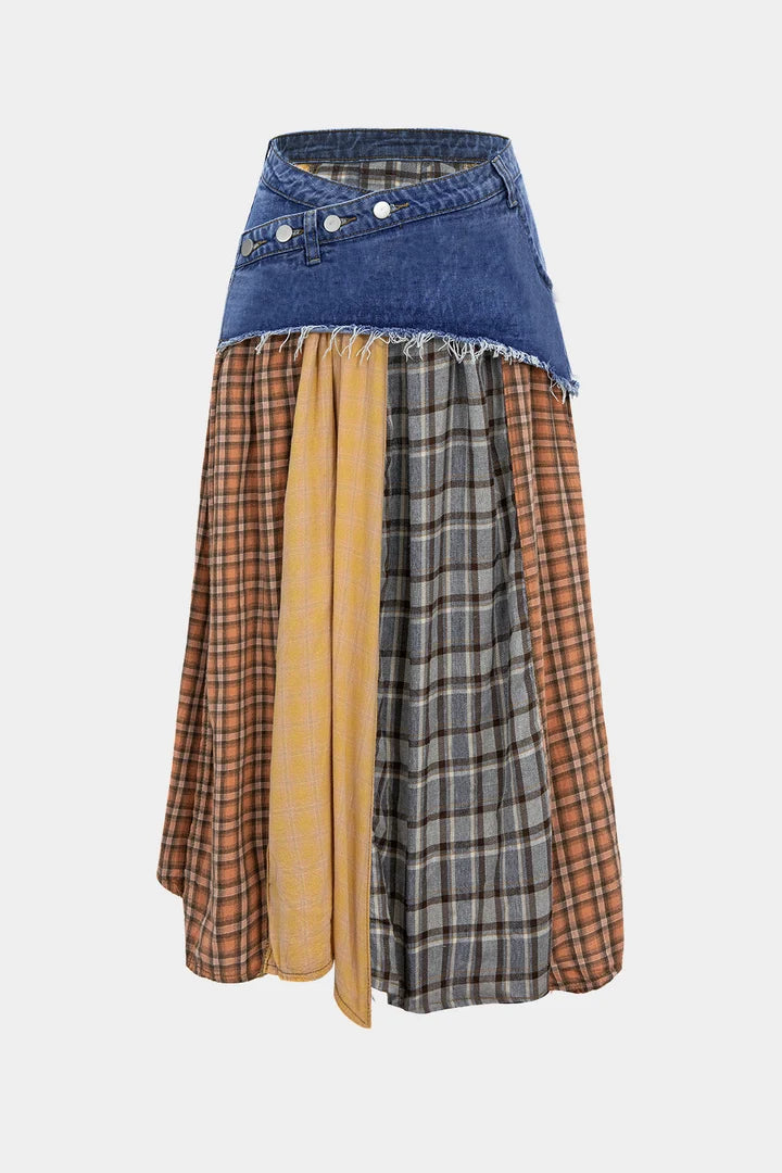 Asymmetrical denim skirt with color blocks and plaid print
