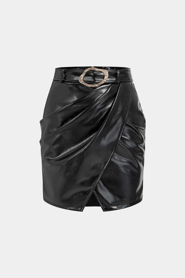 Leren-look metallic rok met riem en ruches