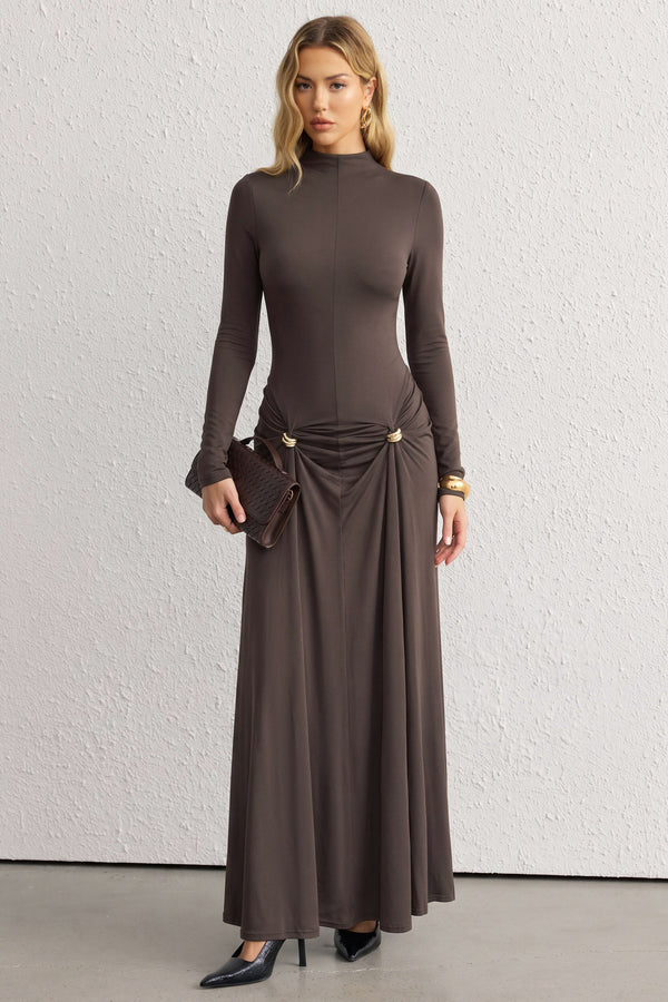 Metallic maxijurk met ruches en lange mouwen