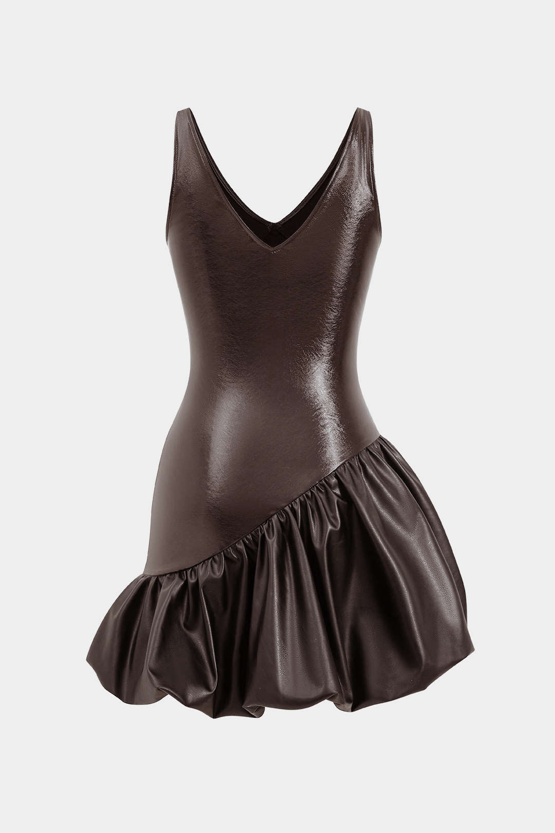 Leren-look asymmetrische minijurk met ruches en V-hals