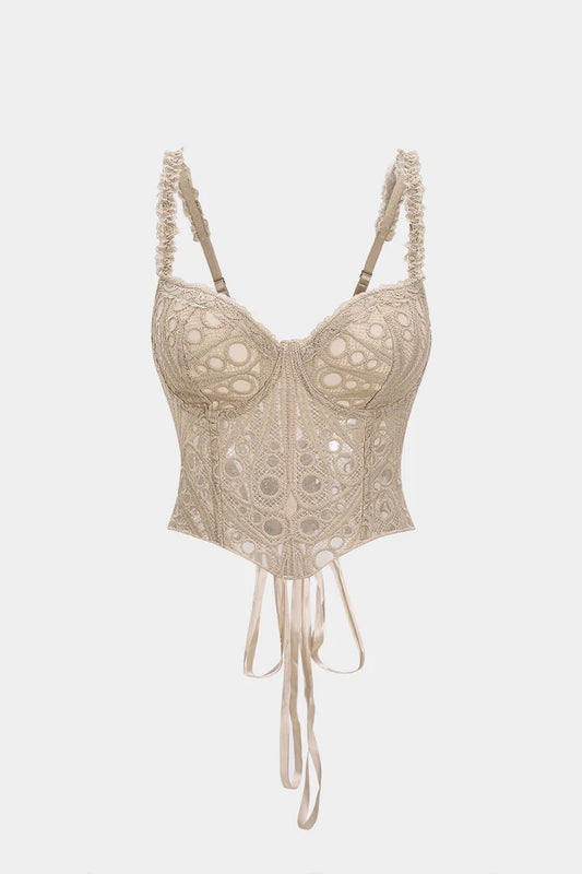Bustier corset with lace trim and bow at the back.