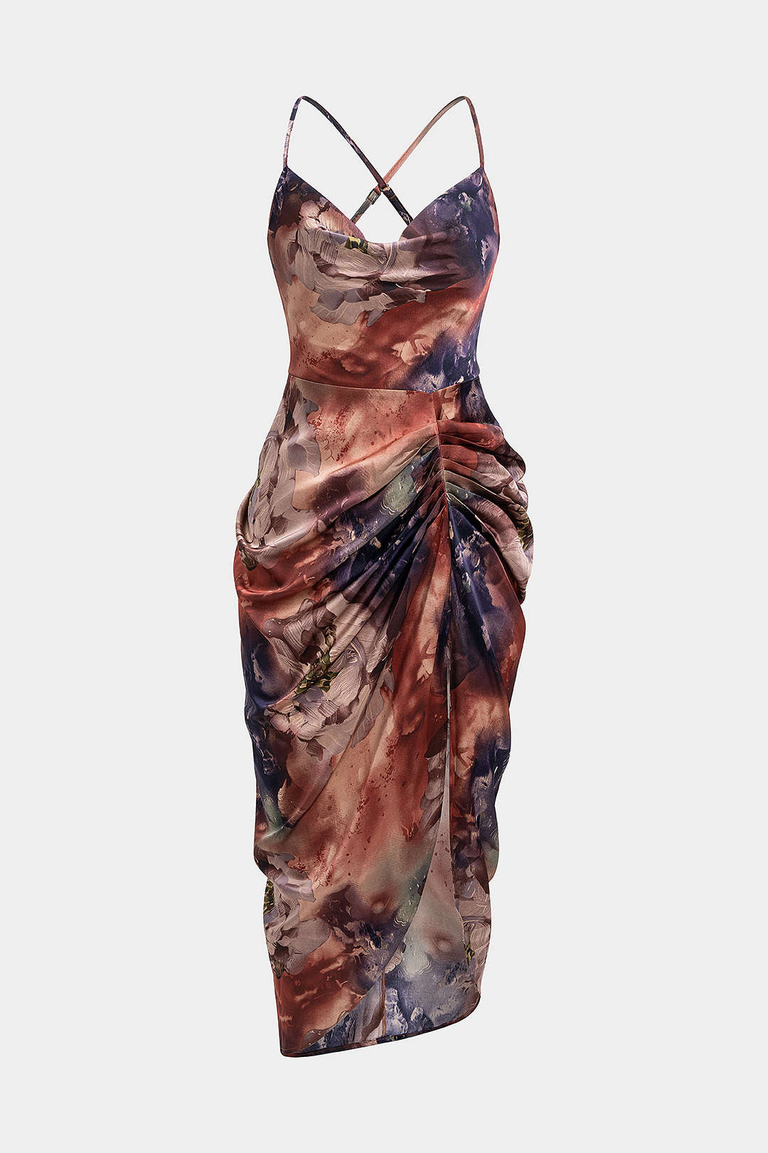 Elise - Bloemenprint satijnen midijurk met drapering en watervalhals