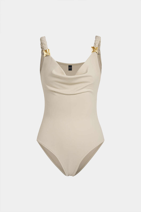 Ivana - Metallic mouwloze body met drapering en watervalhals