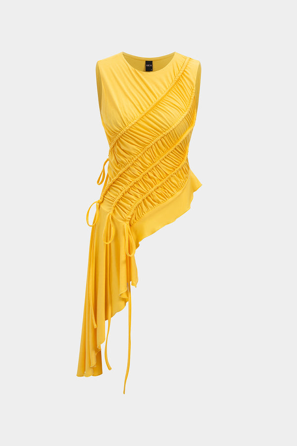 Asymmetrische tanktop met ronde hals, trekkoord en ruches