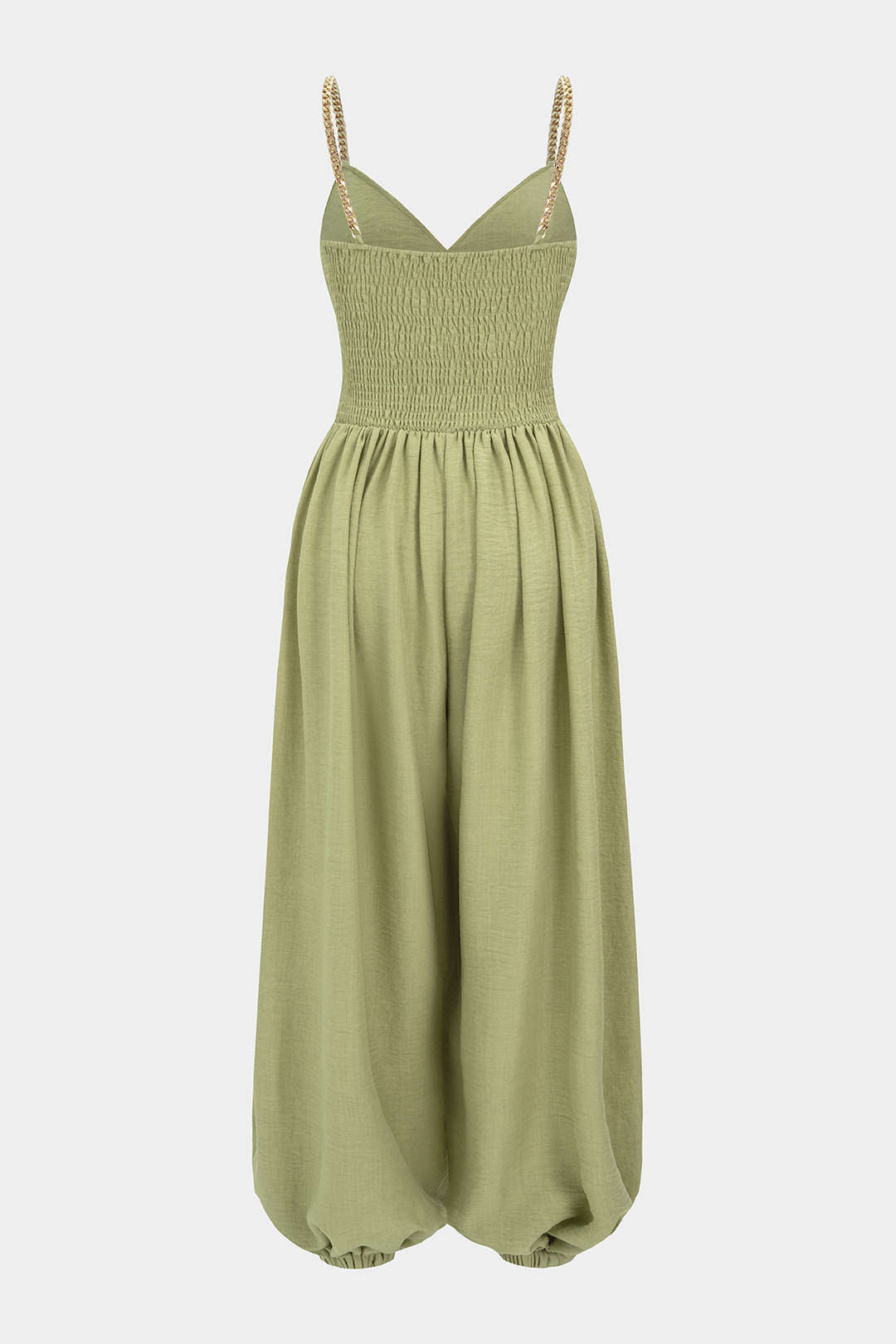 Metallic mouwloze jumpsuit met kettingdetail en V-hals
