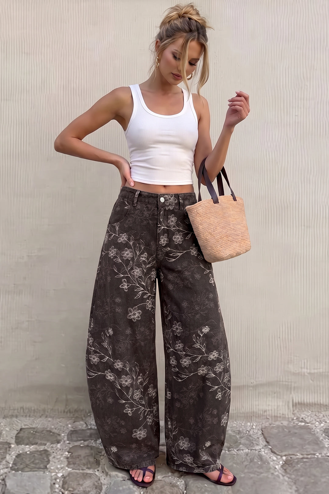 Bloemenprint jeans met zakken en ballonmodel