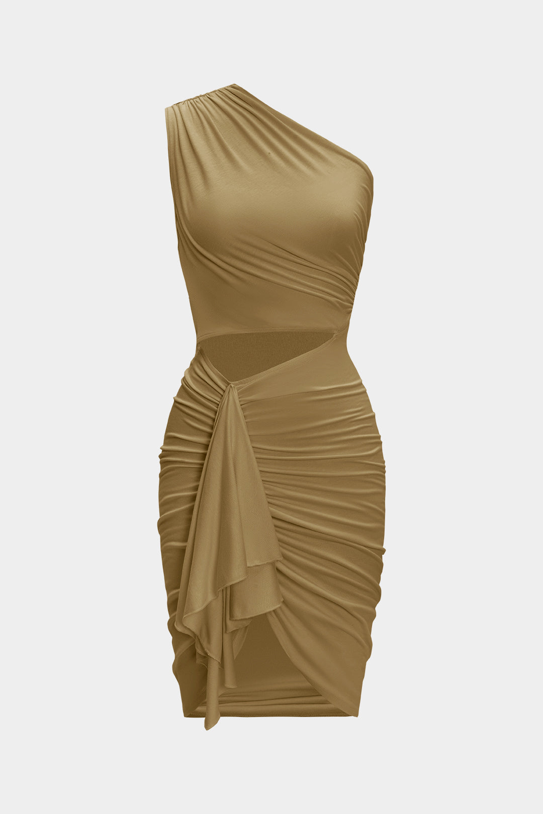 Asymmetrische midijurk met ruches en uitsnijding