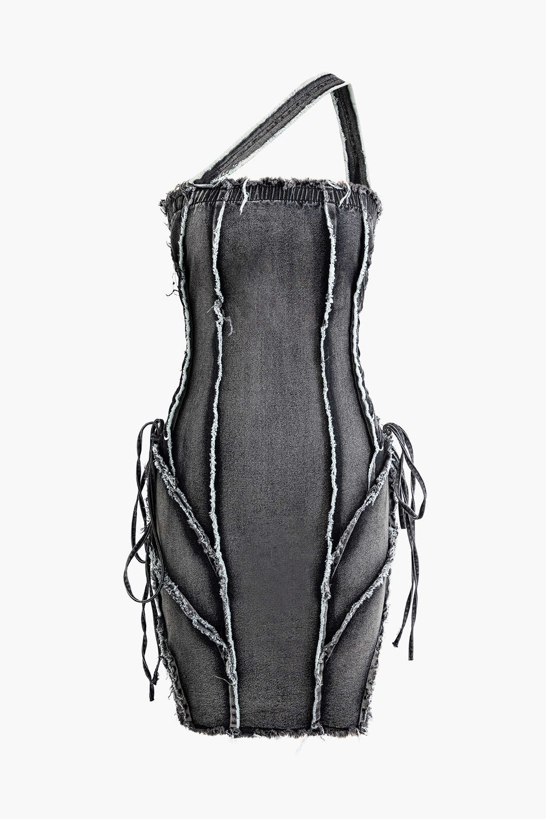 Asymmetrische denim minijurk met rafelrand