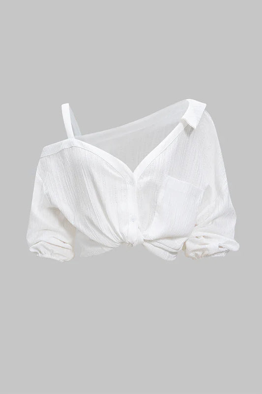 Asymmetrical sleeveless blouse with button fastening and open back
