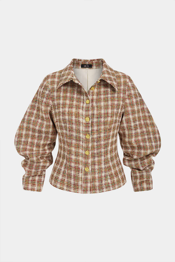 Geometrische wollen blouse met knoopjes en lange mouwen