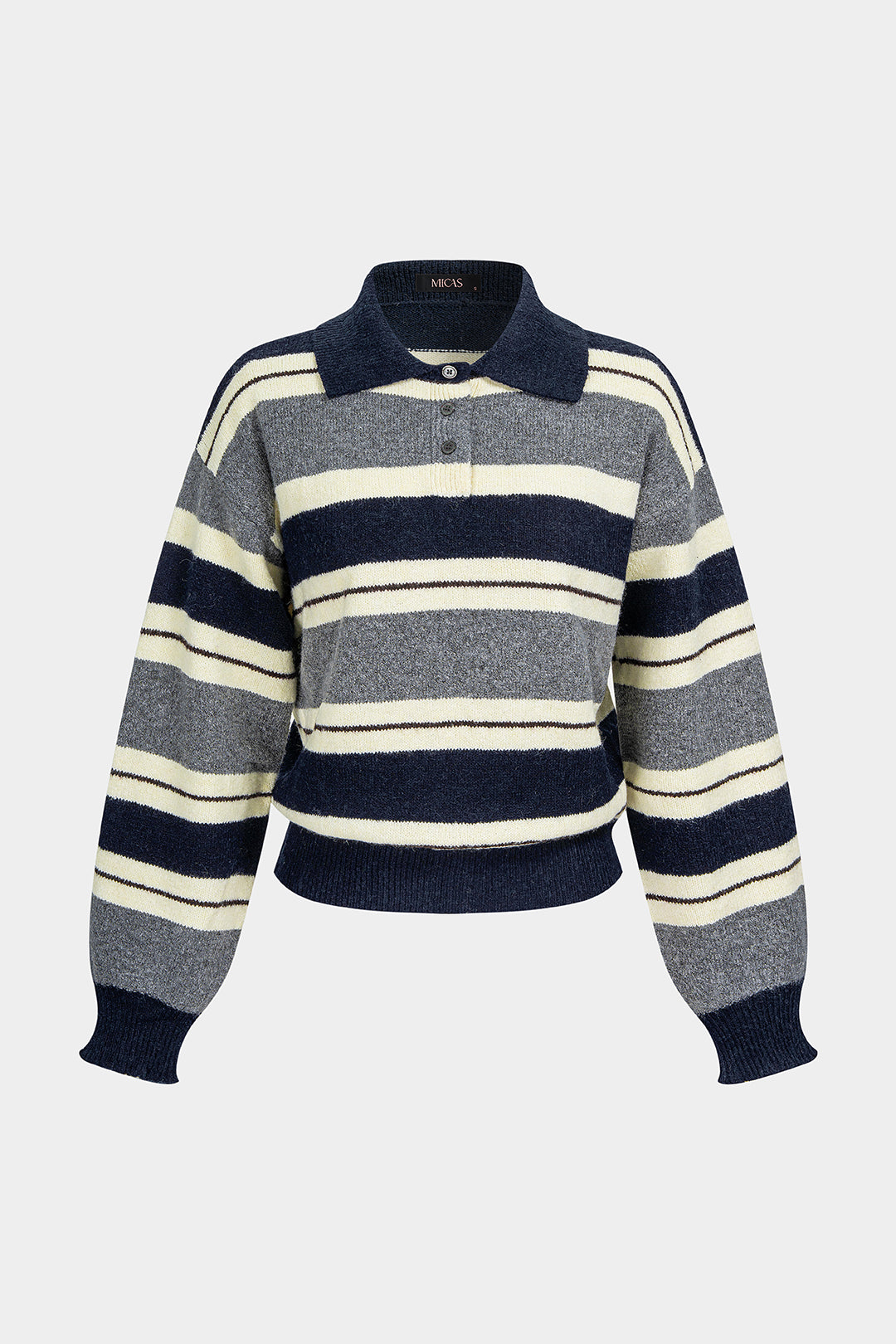 Gebreide gestreepte top met revers, knoopjes en lange mouwen