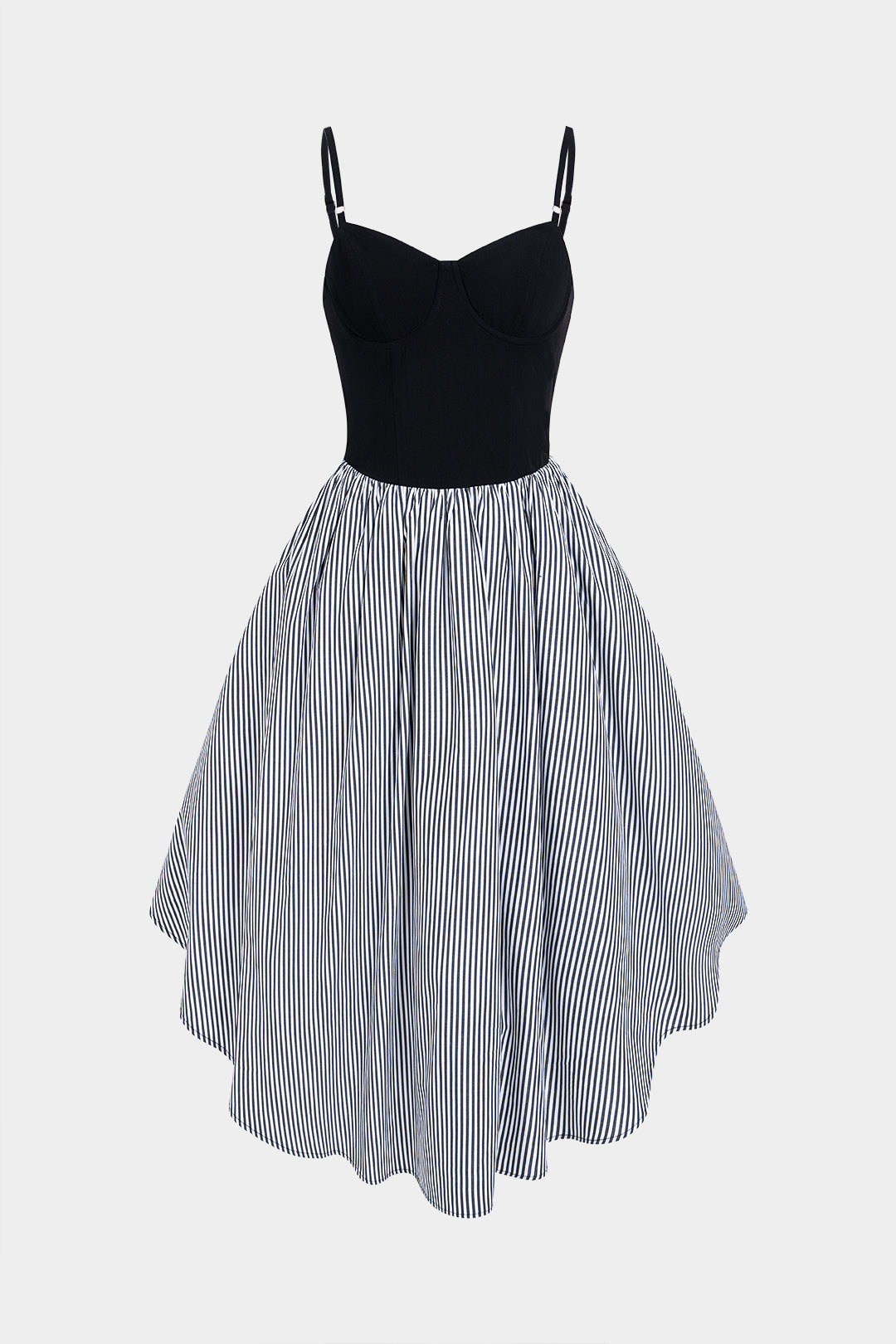 Gestreepte asymmetrische midijurk met ruches