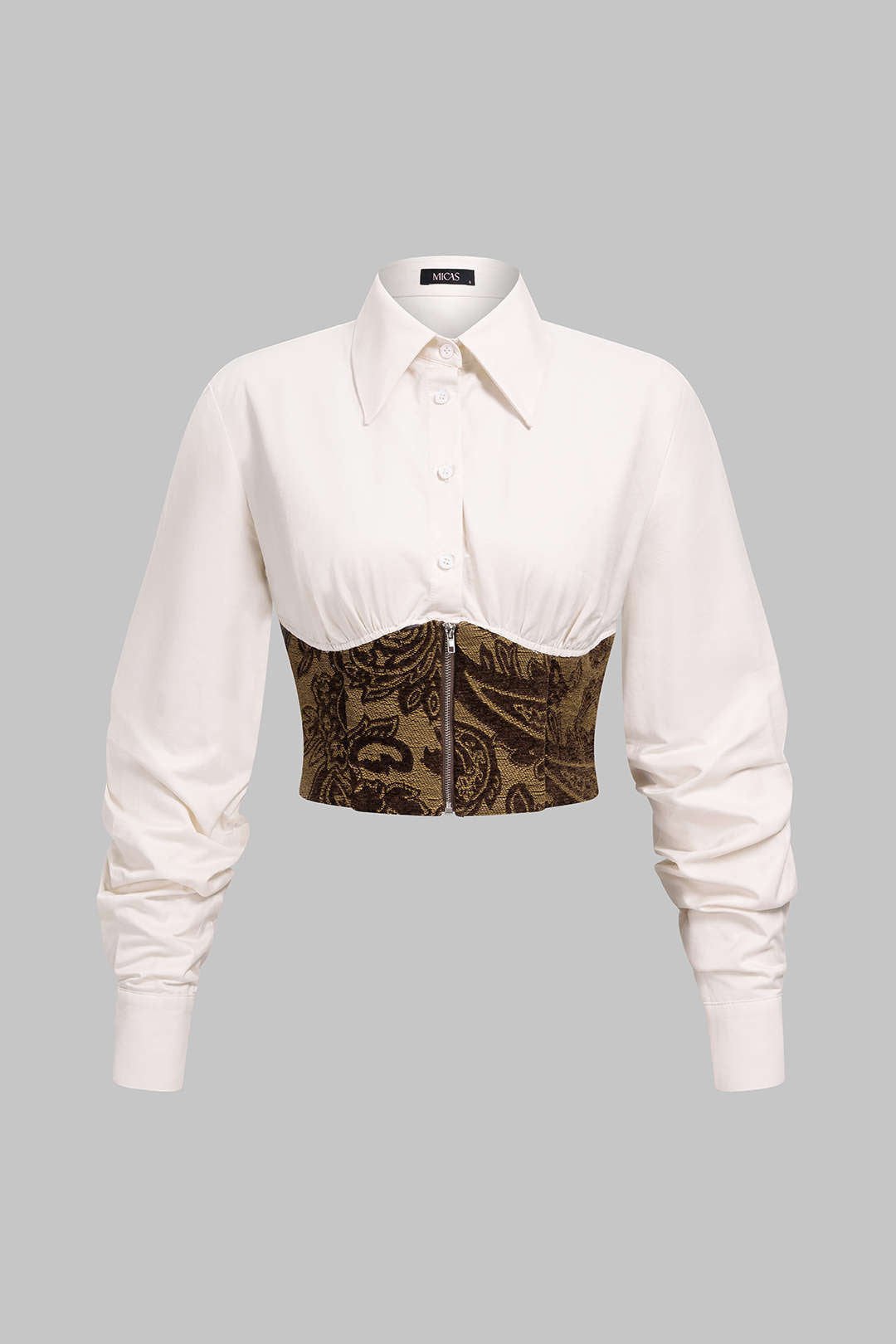 Jacquard patchwork blouse met rits en lange mouwen