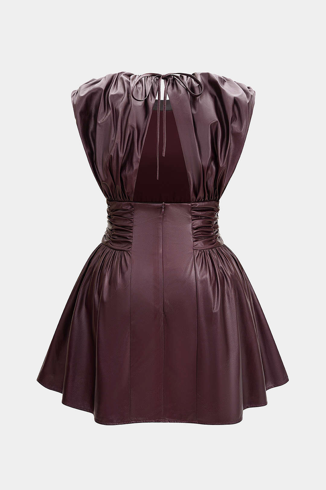Leren-look mouwloze minijurk met open rug en ruches