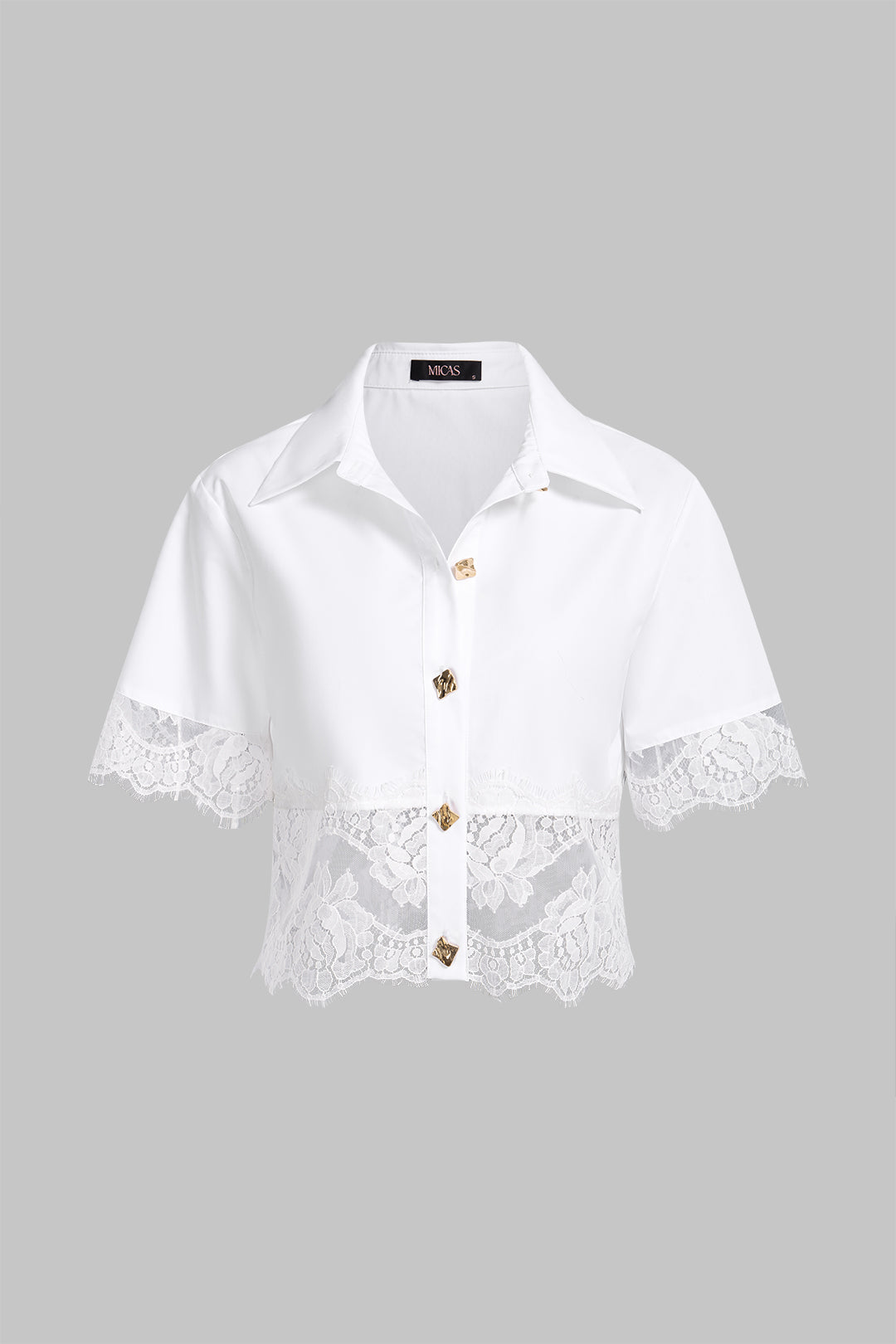Patchwork metallic blouse met kanten rand en knoopjes