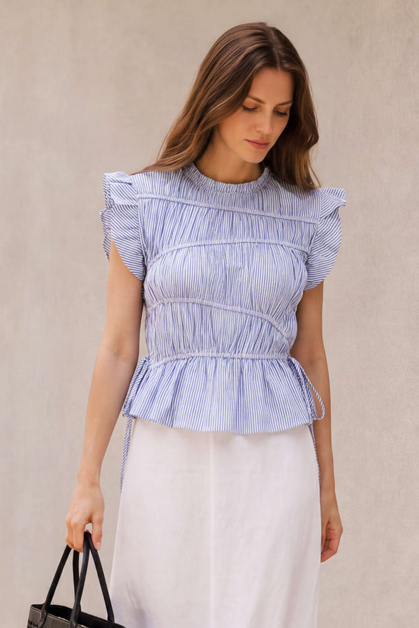 Gestreepte asymmetrische blouse met trekkoord en ruches