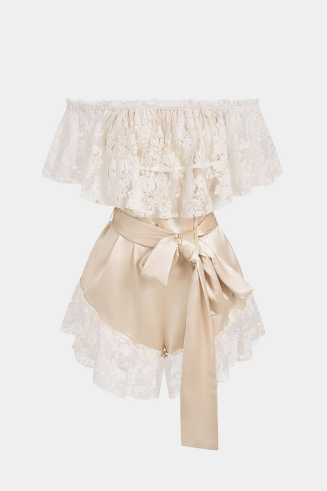 Satijnen patchwork playsuit met kant, volants en strik