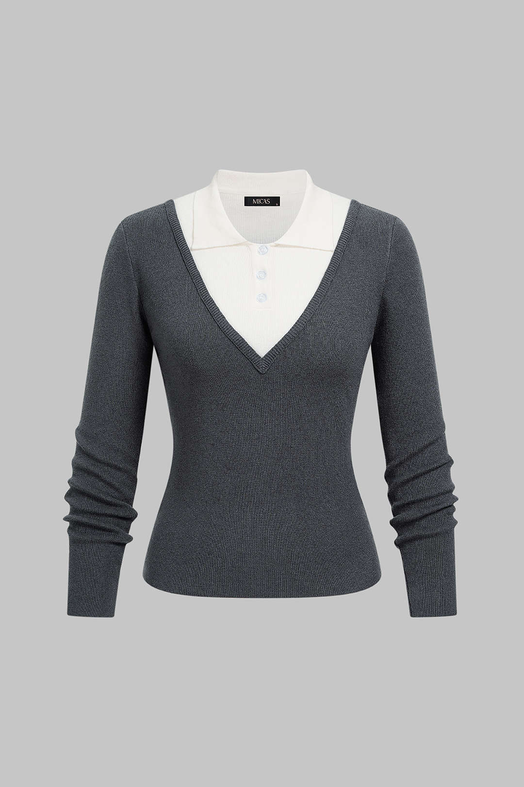 Gebreide patchwork top met knoopjes, revers en lange mouwen