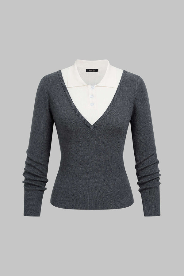 Gebreide patchwork top met knoopjes, revers en lange mouwen