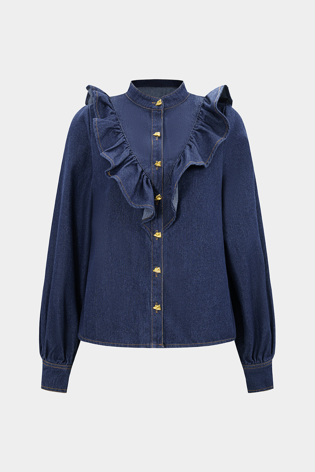 Denim blouse met volants, knoopjes en lange mouwen