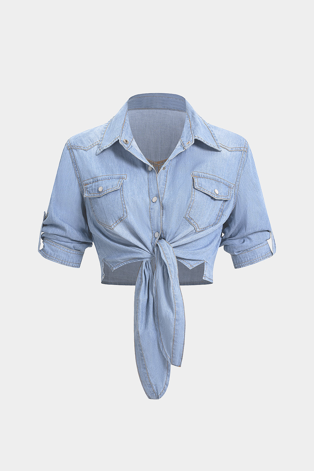 Denim blouse met revers, knoopdetail en korte mouwen