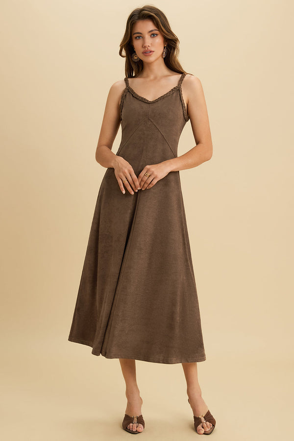 Suède mouwloze midijurk met gedraaid detail en knoopdetail
