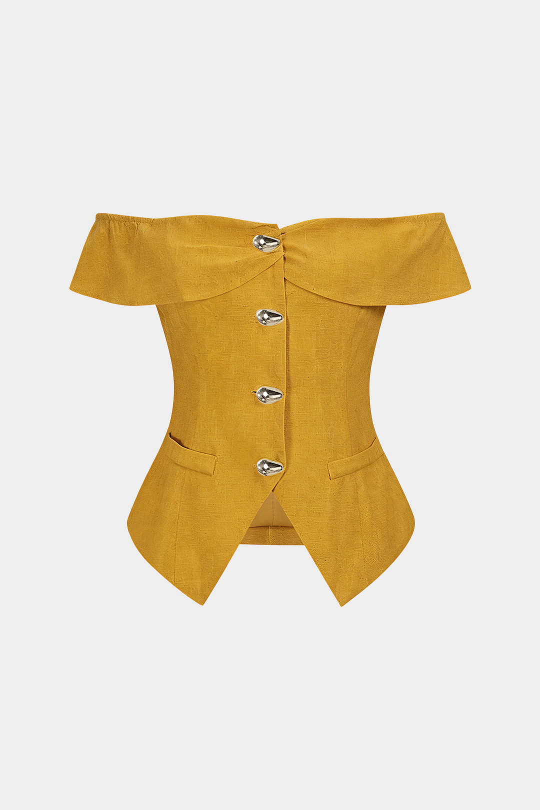Linnen metallic top met knoopjes en blote schouders