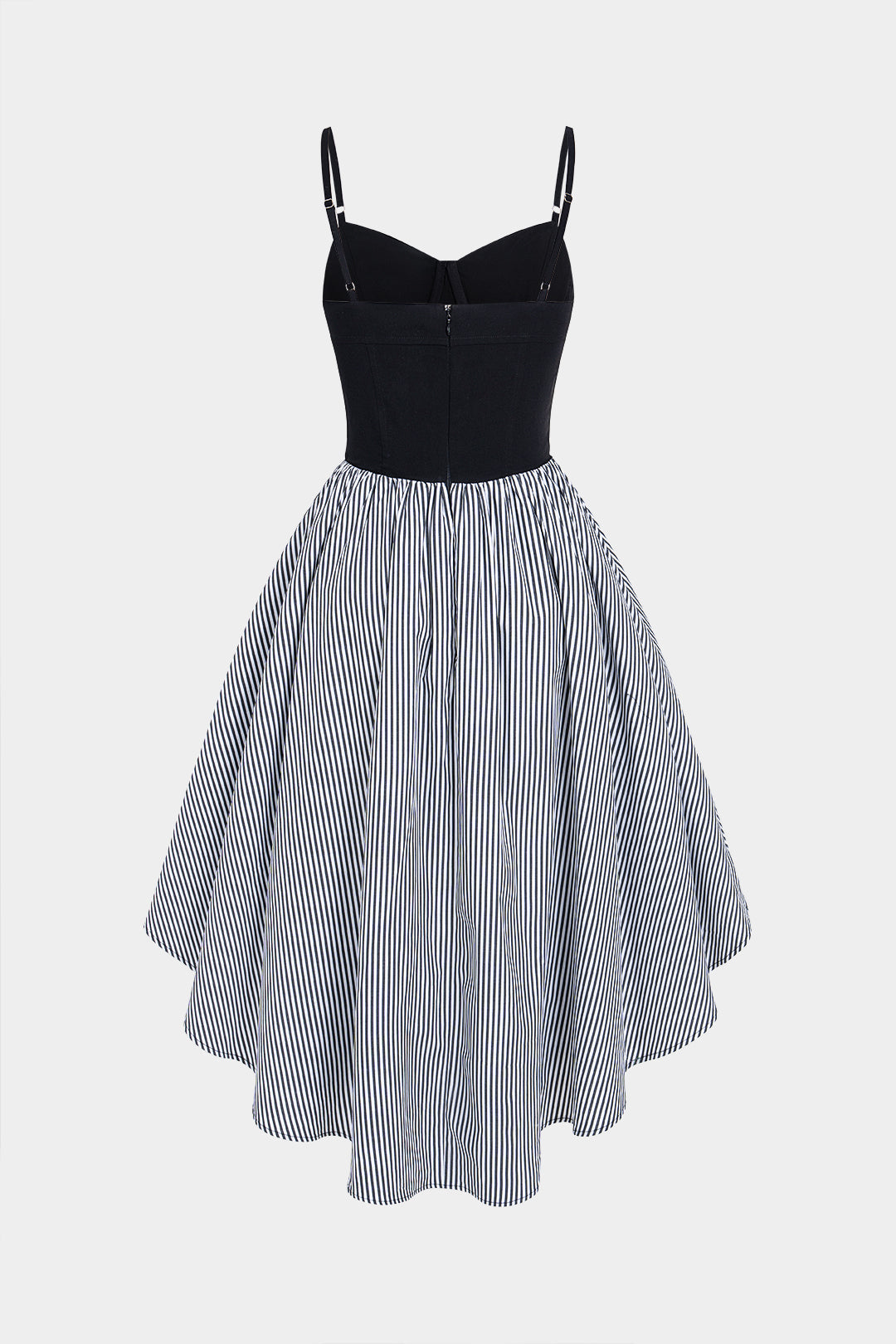 Gestreepte asymmetrische midijurk met ruches
