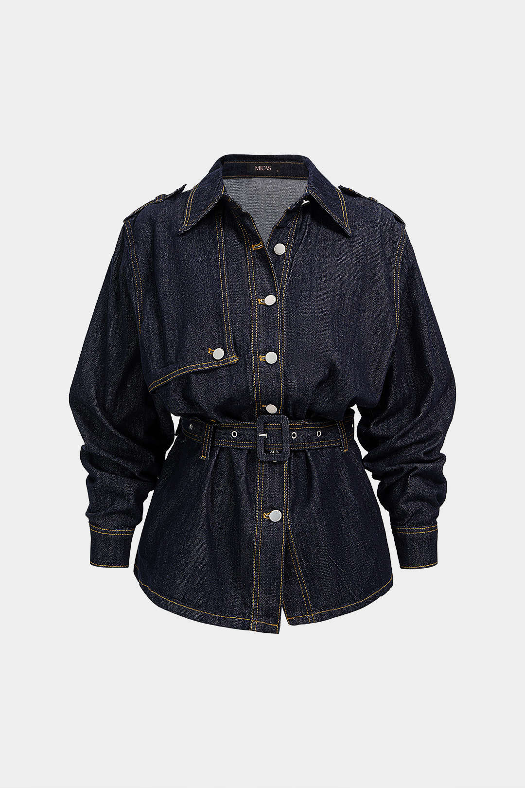 Denim asymmetrische item met revers en riem