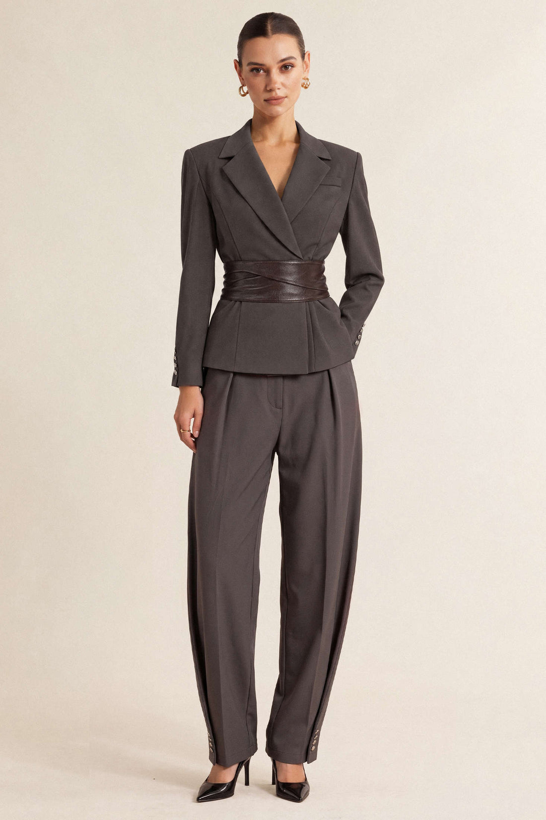 Leren-look patchwork blazer met reverskraag