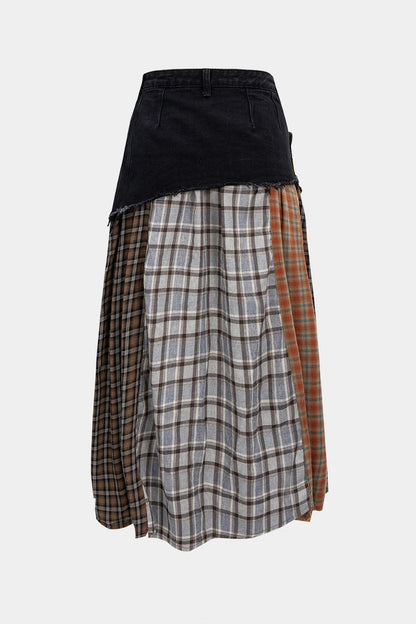 Asymmetrical denim skirt with color blocks and plaid print