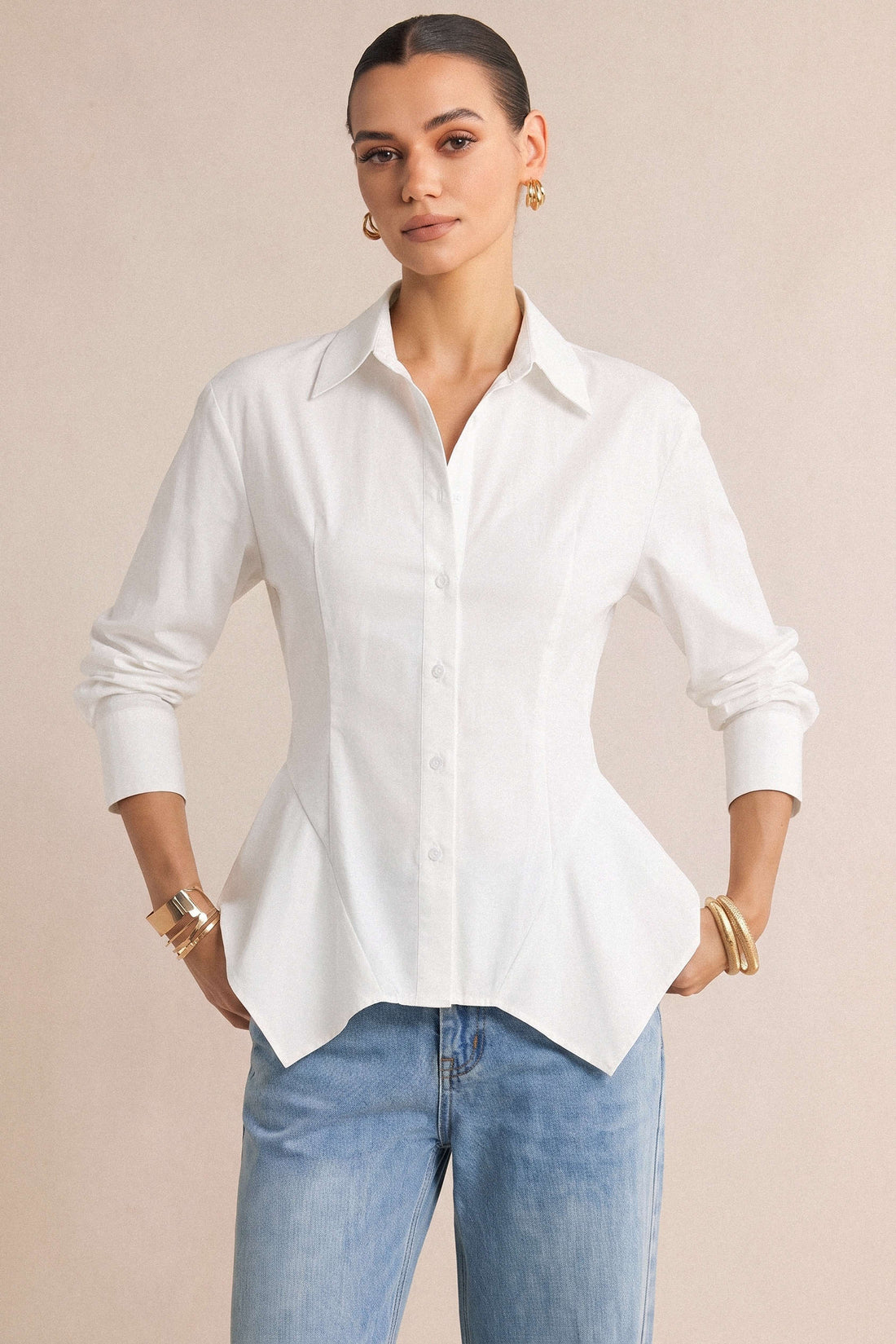 Effen blouse met revers en lange mouwen