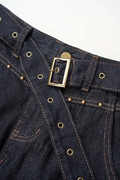 Denim Belted Rhinestone Wide Leg Jeans