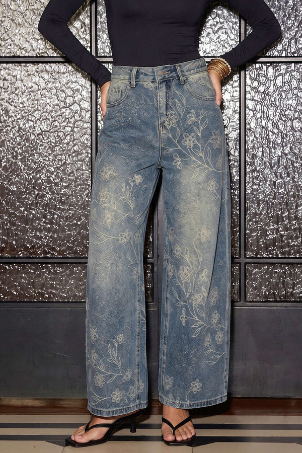 Bloemenprint jeans met strass en rechte pijp