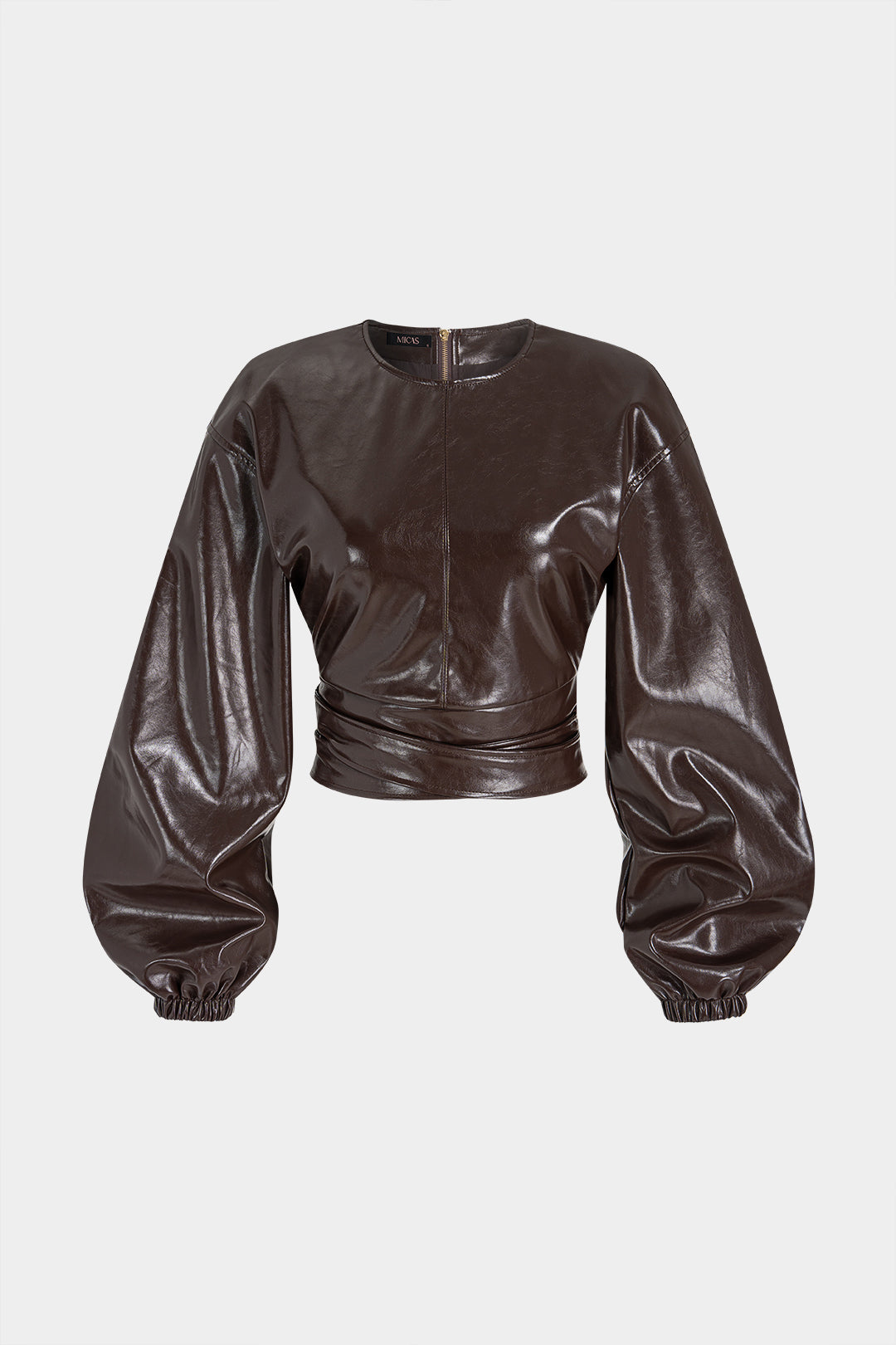 Leren-look top met ronde hals en lange mouwen
