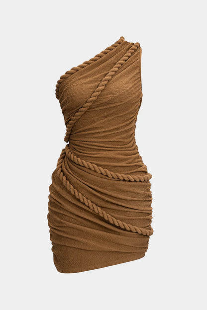 Sleeveless pleated mini dress with one shoulder and twist button