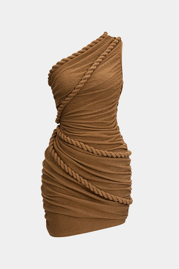 Sleeveless pleated mini dress with one shoulder and twist button