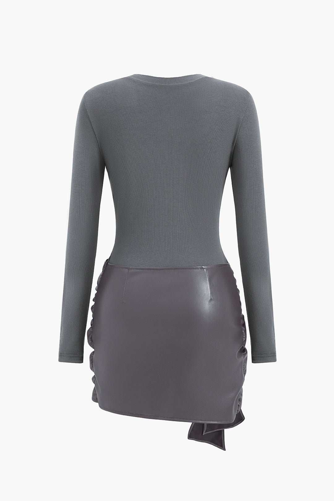 Quinn - Leren-look patchwork minijurk met ronde hals en ruches