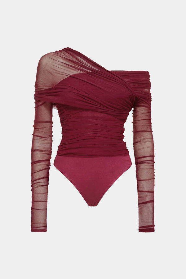 Mesh asymmetrische body met ruches en één schouder